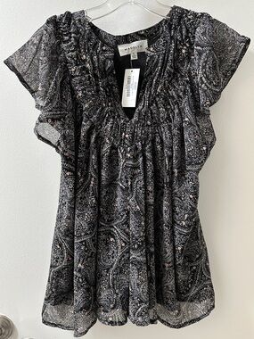 Black Paisley Ruffle V-Neck Blouse